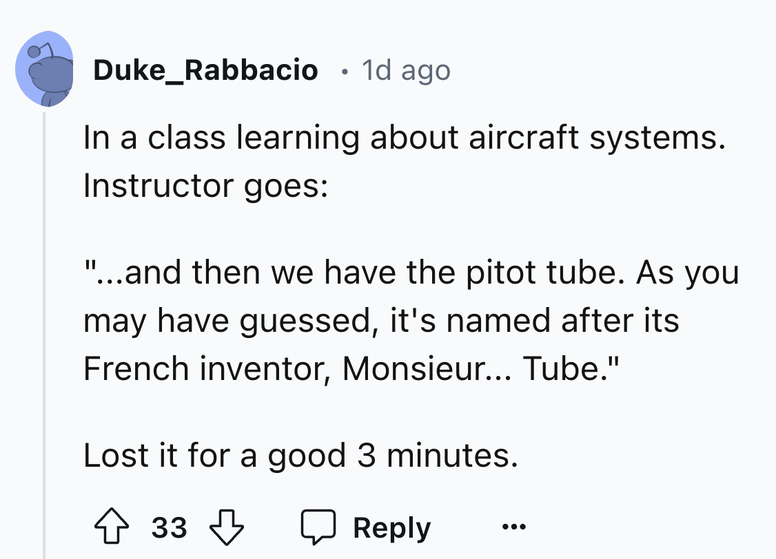 screenshot - Duke Rabbacio . 1d ago In a class learning about aircraft systems. Instructor goes "...and then we have the pitot tube. As you may have guessed, it's named after its French inventor, Monsieur... Tube." Lost it for a good 3 minutes. 33